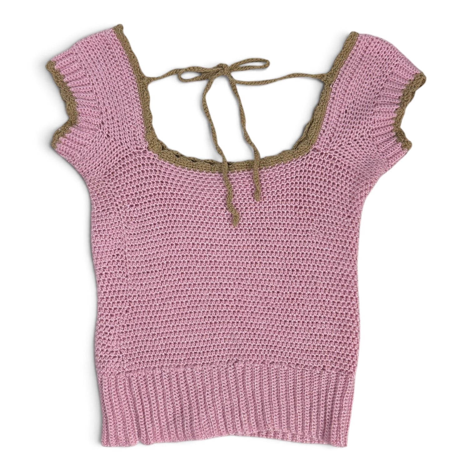 pink crochet knit olive bow trim cap sleeve milkmaid top