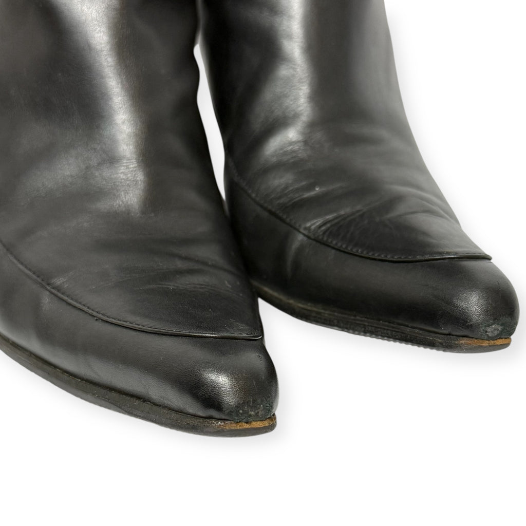 vintage 90s manolo blahnik black leather pointed toe kitten heel boots