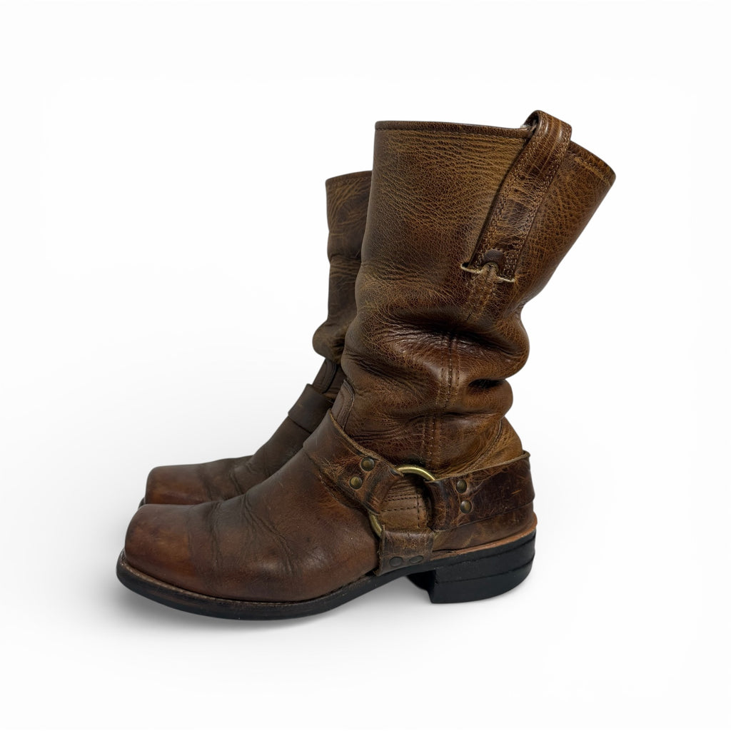 vintage 80s frye distressed leather mid calf harness boots