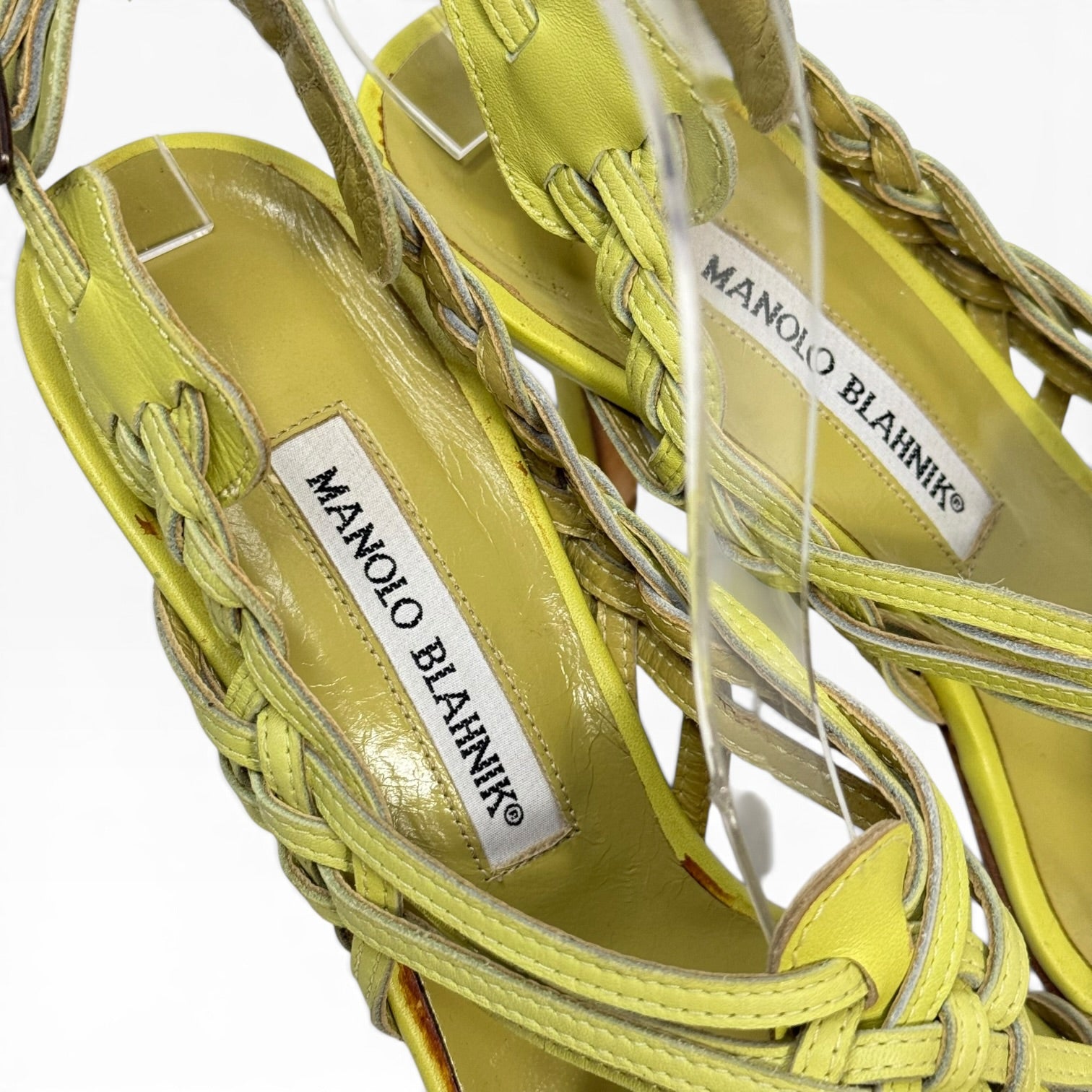 vintage manolo blahnik lime green woven leather strappy heels