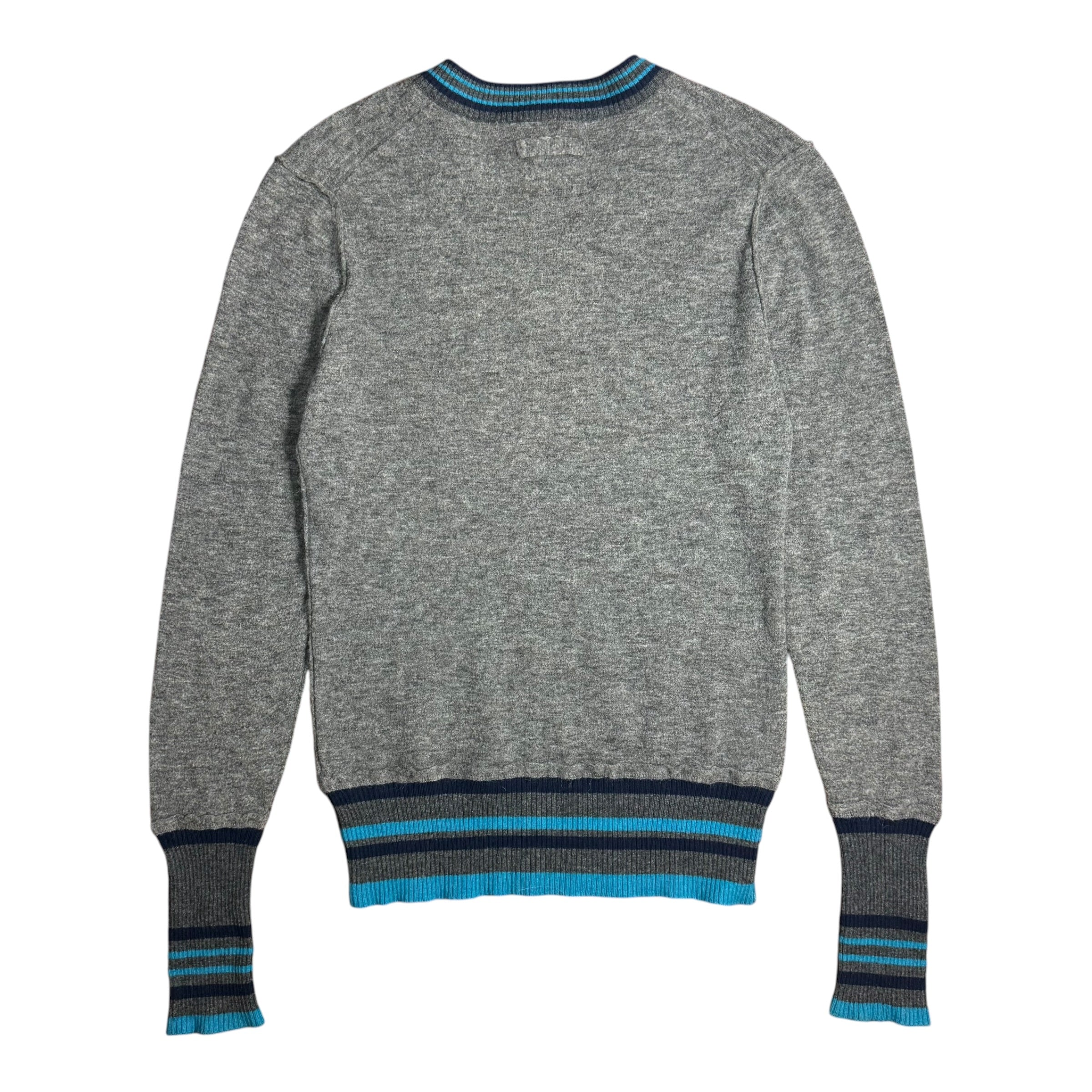 vintage 2000s dolce & gabbana grey v-neck sweater with blue striped trim