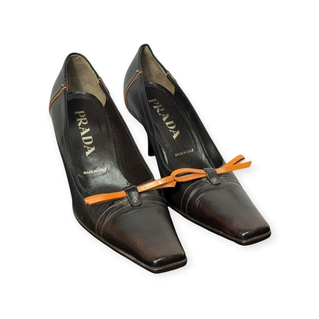 vintage prada black & brown leather bow heels