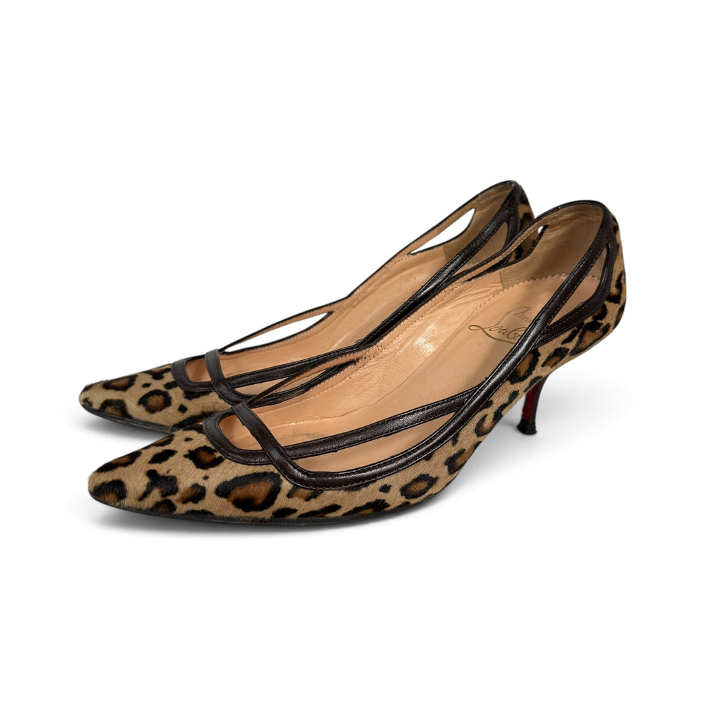 christian louboutin leopard print calf hair pointed toe kitten heel pumps with box + dust bag