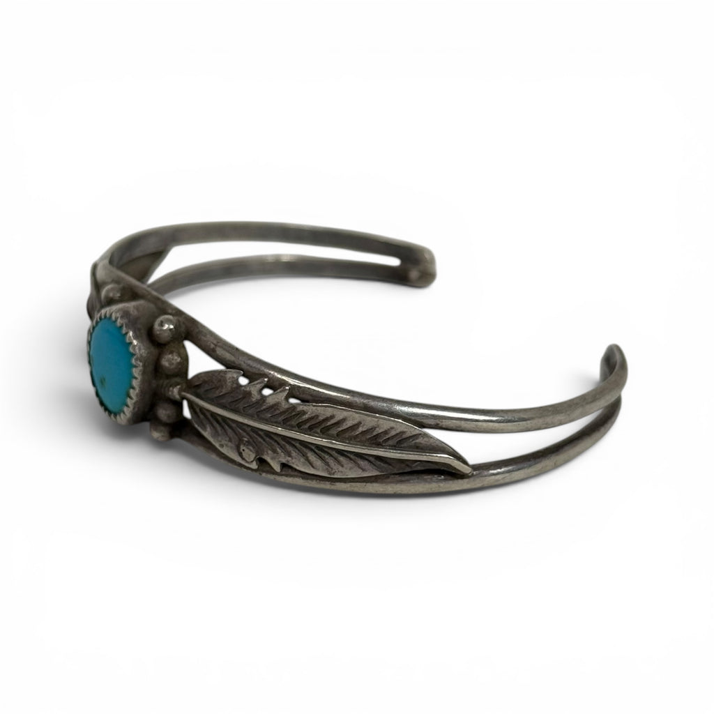 vintage navajo 925 sterling silver + turquoise feather leaf cuff bracelet