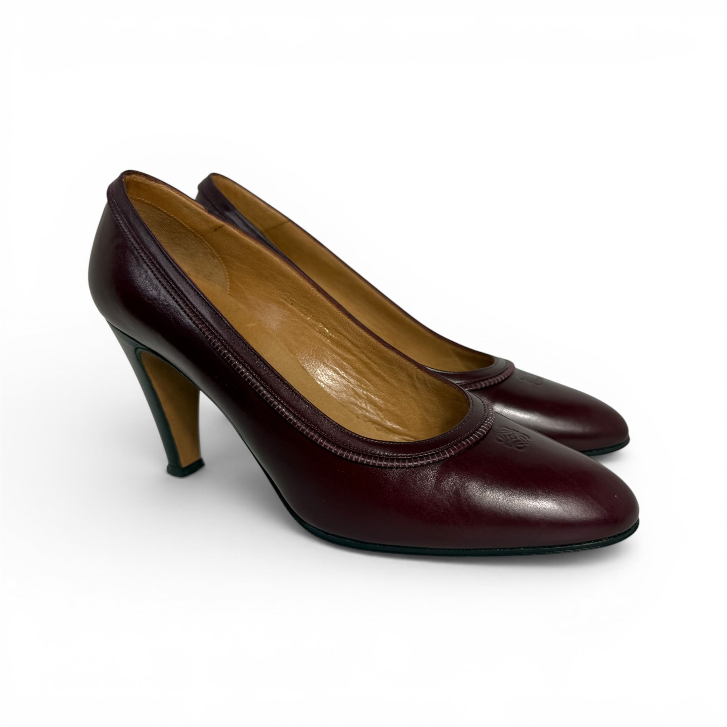 vintage loewe burgundy leather anagram logo pumps