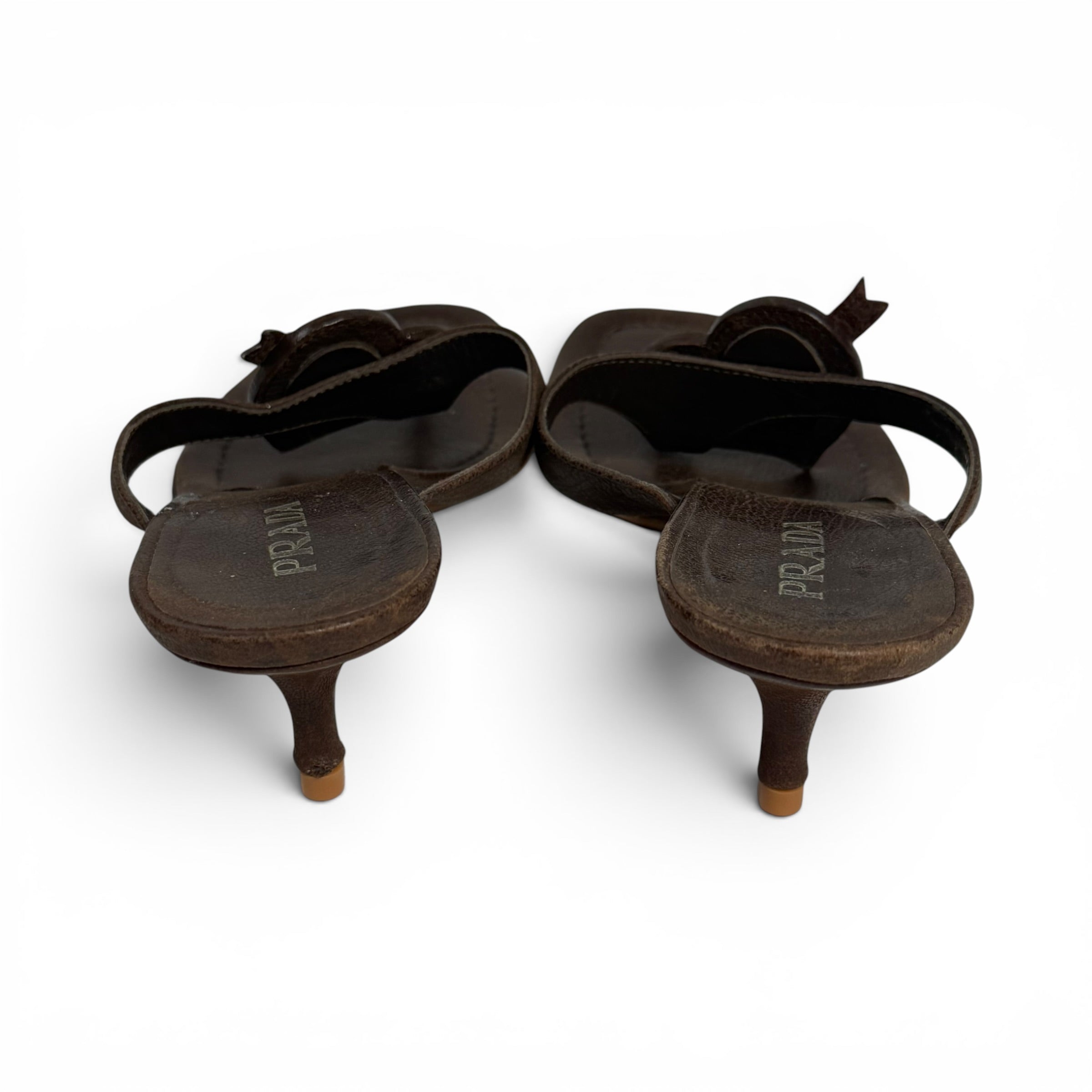 vintage y2k prada brown leather thong kitten heel gear sandals