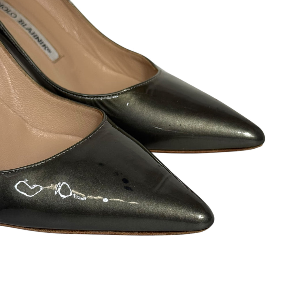 manolo blahnik metallic green patent leather pointed toe bb pumps