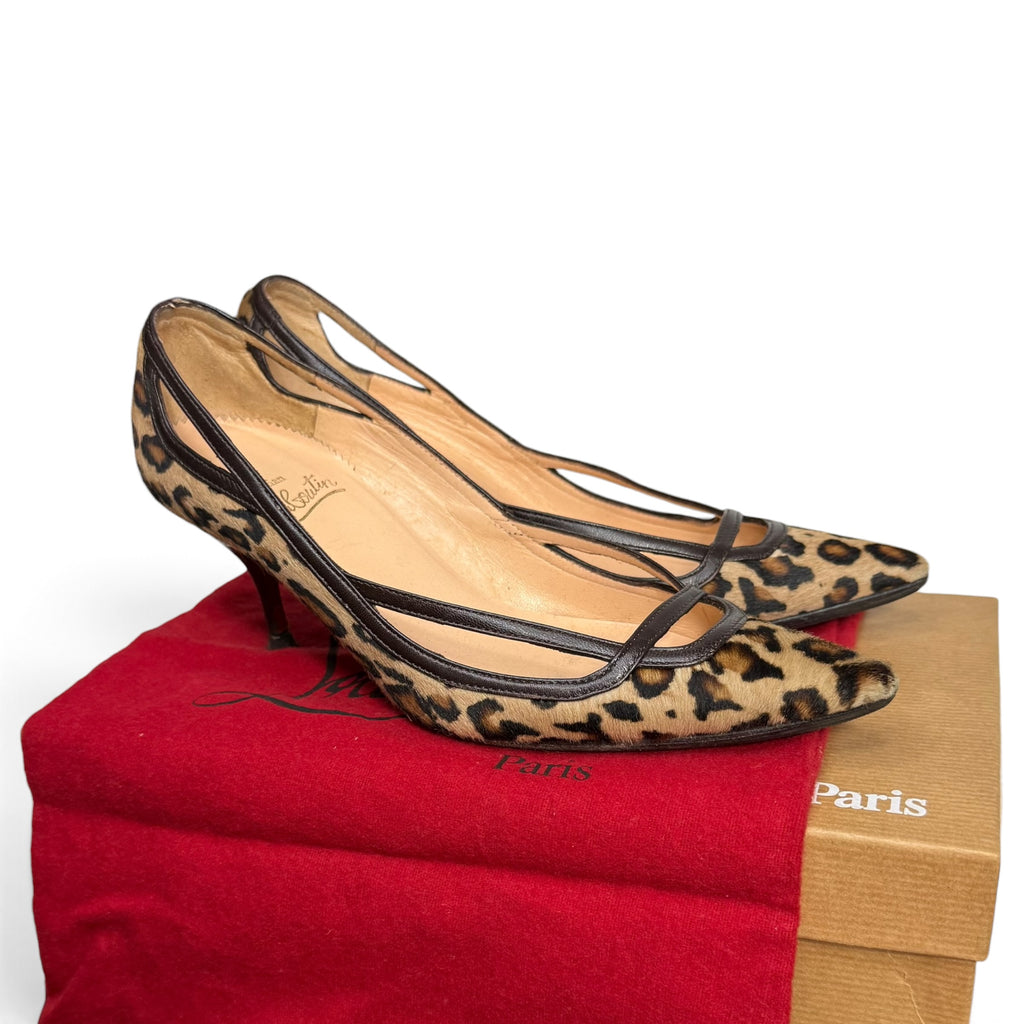 christian louboutin leopard print calf hair pointed toe kitten heel pumps with box + dust bag