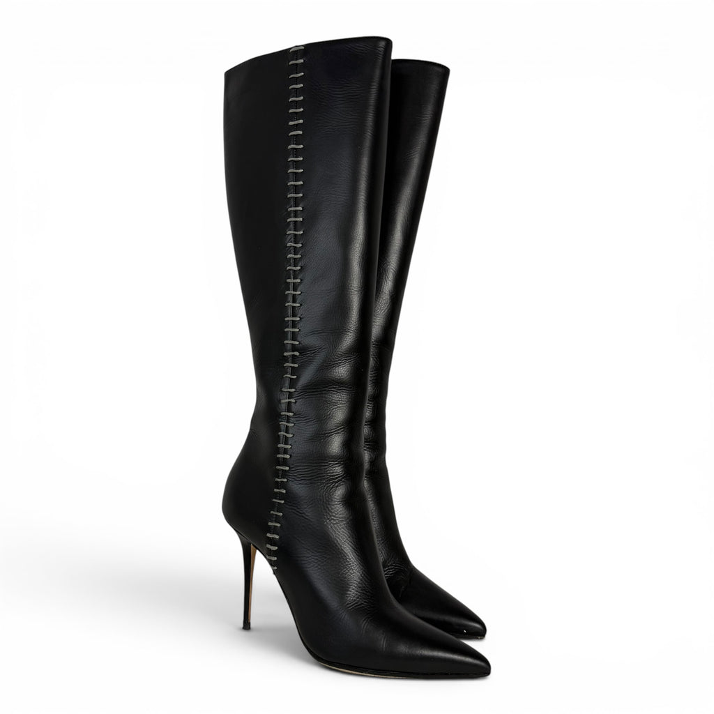 manolo blahnik takala black leather knee high boots with stitch detailing