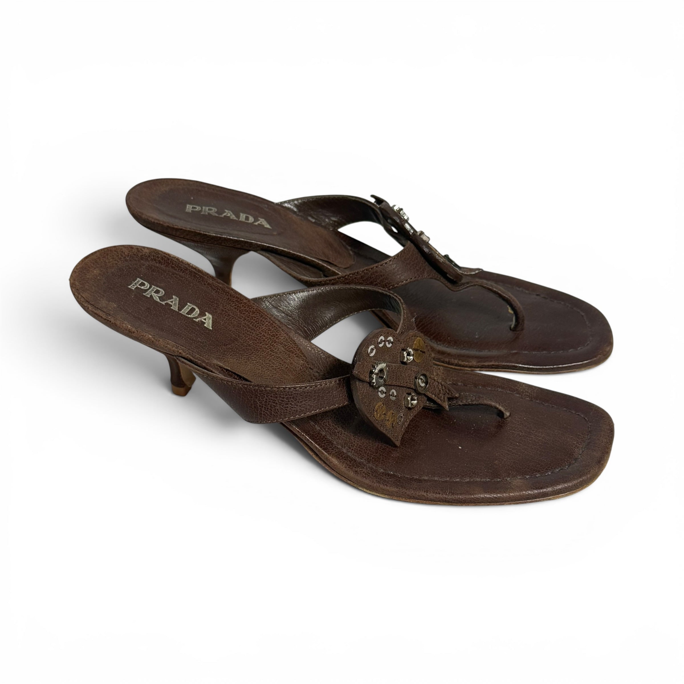 vintage y2k prada brown leather thong kitten heel gear sandals