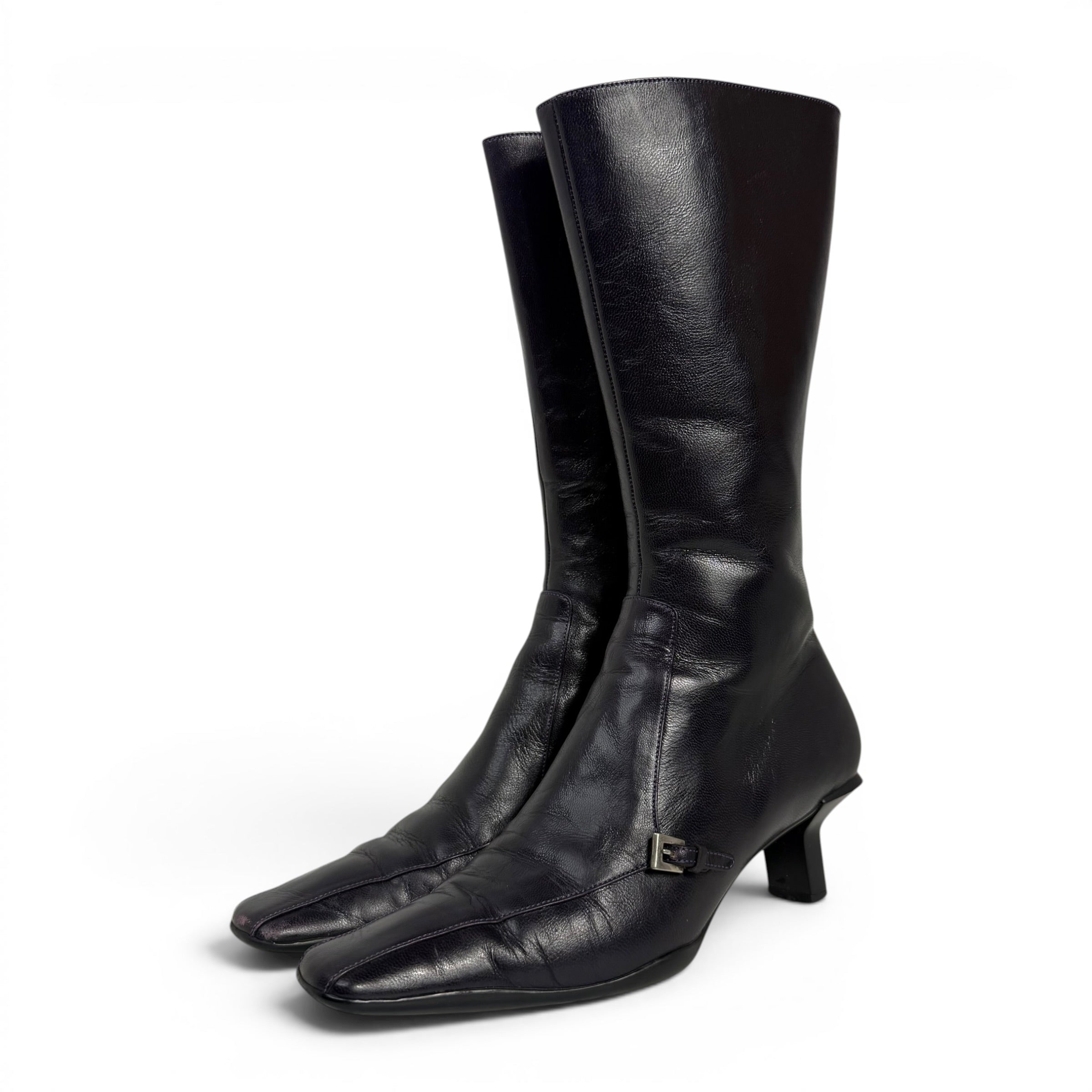 vintage prada square toe dark purple leather mid calf boots