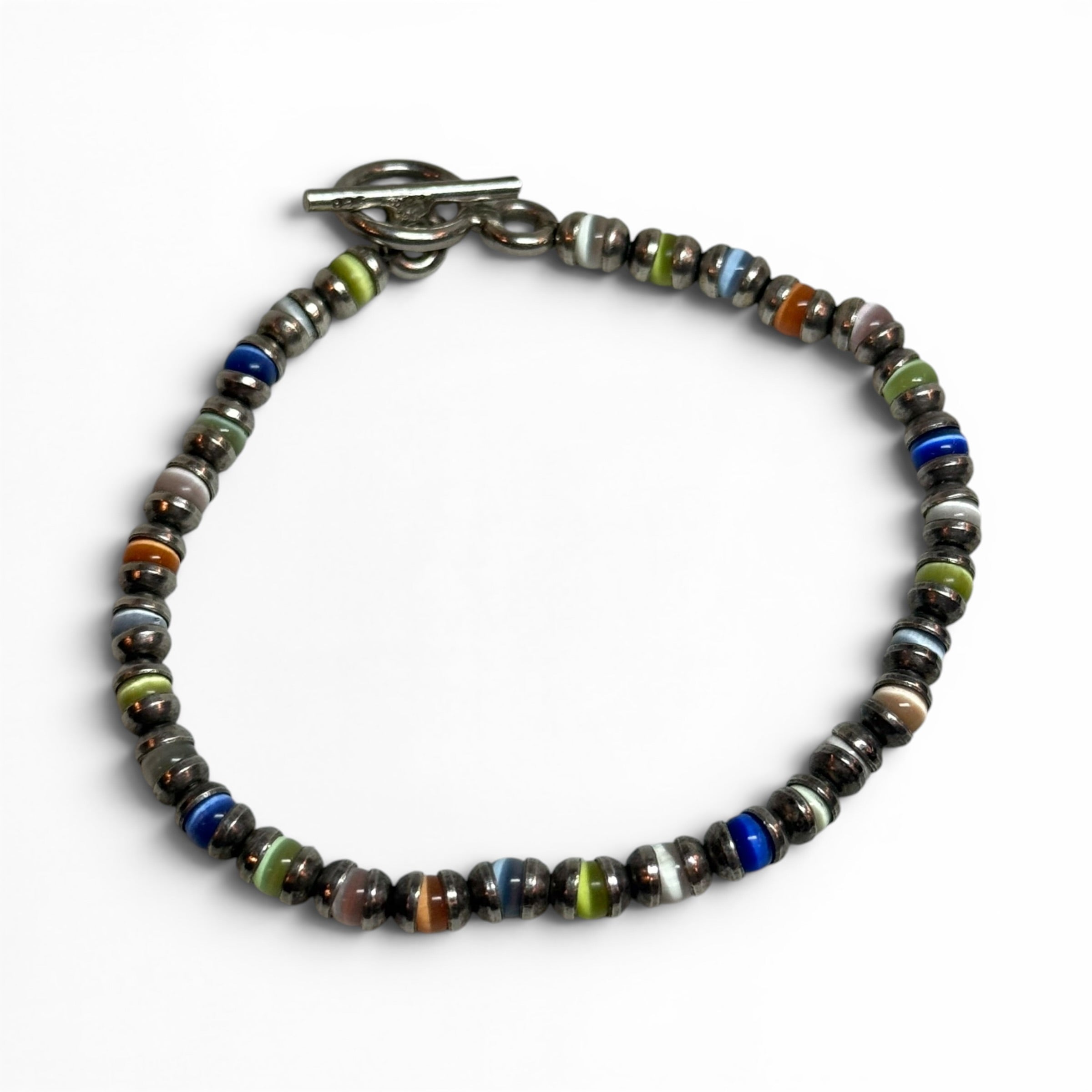925 sterling silver multicolor cat’s eye beaded toggle bracelet