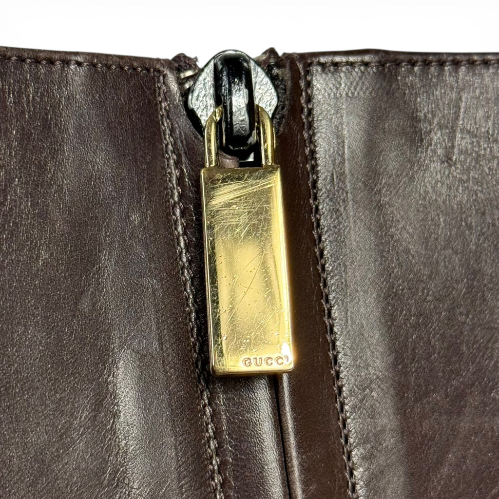 vintage gucci tom ford era distressed dark brown leather square toe boots